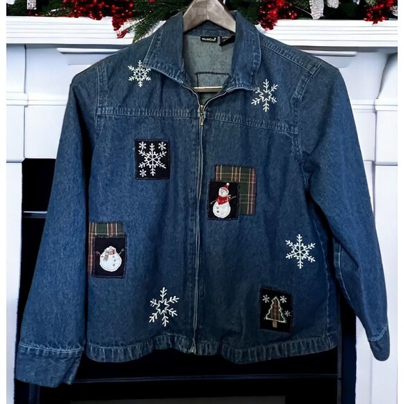 Northcrest Womens Denim Jacket Sz XL Shirt Snowflake Winter Embroidered Applique - Picture 1 of 7